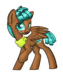 Size: 2200x2600 | Tagged: safe, artist:dumbwoofer, spur, pegasus, pony, g4, bandana, female, filly, foal, freckles, high res, looking at you, raised hoof, simple background, smiling, smiling at you, solo, spread wings, transparent background, wings