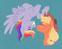 Size: 3443x2747 | Tagged: safe, artist:fizzmitz, applejack, rainbow dash, earth pony, pegasus, pony, g4, applejack's hat, bust, cowboy hat, duo, duo female, female, hat, high res, lesbian, looking at each other, looking at someone, mare, ship:appledash, shipping, smiling, smiling at each other, spread wings, upside down, wings