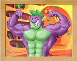 Size: 1000x790 | Tagged: safe, artist:aprion, spike, dragon, g4, abs, armpits, beefspike, flexing, golden oaks library, male, manly as fuck, manly spike, muscles, muscular male, older, older spike, solo