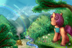 Size: 2000x1333 | Tagged: safe, artist:nedemai, sunny starscout, earth pony, pony, g5, adventure, atg 2022, bag, butt, castle, female, flower, house, mare, newbie artist training grounds, plot, rainbow, river, saddle bag, scenery, solo, tree, twilight sparkle's cutie mark, water