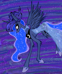 Size: 1600x1920 | Tagged: safe, artist:coffeefueledchainsaw, princess luna, alicorn, pony, g4, 2020, cloak, clothes, ethereal mane, ethereal tail, female, flying, hat, hoof shoes, leg fluff, mare, princess shoes, skinny, slender, solo, spread wings, tail, thin, white eyes, wings, witch hat