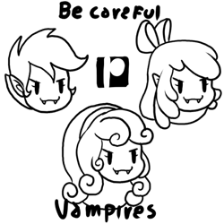 Size: 450x450 | Tagged: safe, artist:the-butch-x, apple bloom, scootaloo, sweetie belle, human, undead, vampire, equestria girls, g4, apple bloom's bow, black and white, bow, cutie mark crusaders, fangs, female, grayscale, hair bow, monochrome, patreon, patreon logo, sharp teeth, smiling, teeth, trio, trio female