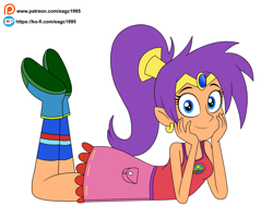 Size: 2745x2193 | Tagged: safe, artist:eagc7, genie, human, equestria girls, g4, my little pony equestria girls: legend of everfree, bare shoulders, camp everfree outfits, clothes, ear piercing, earring, equestria girls-ified, female, hands on cheeks, high res, jewelry, looking at you, lying down, piercing, shantae, shantae (character), shoes, simple background, skirt, sleeveless, socks, solo, tank top, white background