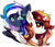 Size: 2322x1999 | Tagged: safe, artist:stesha, oc, oc only, oc:flaming dune, oc:morningstar darkwater, alicorn, pegasus, pony, alicorn oc, bust, chest fluff, eyeshadow, female, gradient eyes, green eyes, horn, looking at someone, looking at you, makeup, mare, multicolored mane, pegasus oc, portrait, red eyes, red mane, simple background, smiling, white background, wings