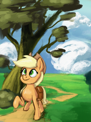 Size: 2048x2732 | Tagged: safe, artist:phutashi, applejack, earth pony, pony, g4, atg 2022, female, high res, looking up, mare, newbie artist training grounds, raised hoof, road, smiling, tree, walking