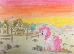 Size: 3746x2746 | Tagged: safe, artist:opti, pinkie pie, earth pony, pony, g4, atg 2022, bag, butt, fence, high res, hill, house, newbie artist training grounds, plot, rock, rock farm, saddle bag, sunset, traditional art, tree
