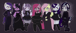 Size: 3368x1480 | Tagged: safe, artist:cosmiccrayons, fluttershy, funnel web, inky rose, izzy moonbow, moonlight raven, pinkie pie, snow hope, earth pony, pegasus, unicorn, anthro, g4, g5, boots, choker, clothes, ear piercing, earring, eyebrow piercing, eyeshadow, female, fishnets, fluttergoth, gem, goth, goth izzy, hand on hip, horn, jewelry, lidded eyes, looking at each other, looking at someone, makeup, male, mare, necklace, one eye closed, piercing, pinkamena diane pie, shoes, skirt, spiked choker, stallion, tongue piercing, wings, wink