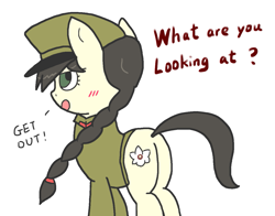 Size: 1213x951 | Tagged: safe, artist:foxy1219, oc, oc only, oc:mokran, pony, blushing, braid, butt, clothes, female, military uniform, nation ponies, north korea, plot, ponified, simple background, solo, tsundere, uniform, white background