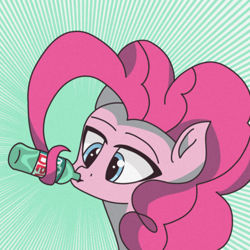 Size: 2000x2000 | Tagged: safe, artist:artevi, pinkie pie, earth pony, pony, g4, atg 2022, bottle, drink, drinking, high res, mountain dew, newbie artist training grounds, prehensile mane, soda, solo