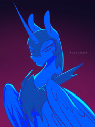 Size: 1280x1708 | Tagged: safe, artist:anekomori, nightmare moon, alicorn, pony, g4, digital art, eyelashes, feather, female, folded wings, helmet, horn, long horn, looking at you, mare, moonlight, night, peytral, purple background, signature, simple background, sketch, solo, vaporwave, wings