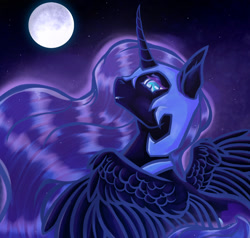 Size: 1280x1219 | Tagged: safe, artist:kittyheartlove, nightmare moon, alicorn, pony, g4, blue eyes, blue mane, colored pupils, curved horn, digital art, fangs, feather, female, flowing mane, helmet, horn, looking at you, mare, moon, moonlight, night, sky, smiling, solo, spread wings, stars, teeth, wings