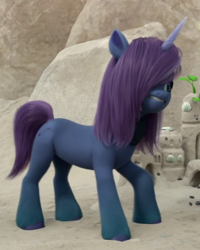Size: 480x600 | Tagged: safe, screencap, smokey cobalt, pony, unicorn, g5, my little pony: make your mark, my little pony: make your mark chapter 1, spoiler:my little pony: make your mark, background pony, cropped, female, hair over one eye, mare, safety pin, solo