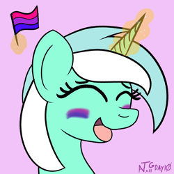 Size: 2000x2000 | Tagged: safe, artist:dafiltafish, lyra heartstrings, pony, unicorn, g4, atg 2022, bisexual pride flag, bust, face paint, high res, magic, newbie artist training grounds, pride, pride flag