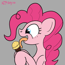 Size: 2000x2000 | Tagged: safe, artist:dafiltafish, pinkie pie, earth pony, pony, g4, atg 2022, food, gray background, high res, ice cream, ice cream cone, licking, newbie artist training grounds, simple background, solo, tongue out