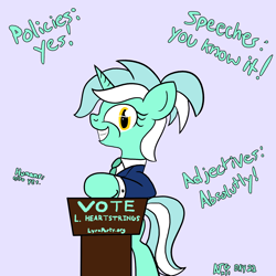 Size: 2000x2000 | Tagged: safe, artist:dafiltafish, lyra heartstrings, pony, unicorn, g4, atg 2022, creepy, creepy smile, grin, high res, newbie artist training grounds, simple background, smiling, solo, text, vote