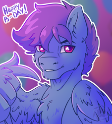 Size: 2262x2500 | Tagged: safe, artist:fkk, oc, oc only, oc:windy dripper, pegasus, pony, birthday, bust, cheek fluff, chest fluff, chin fluff, colored pupils, ear fluff, eyebrows, feathered wings, folded wings, gift art, grin, high res, looking at you, male, partially open wings, smiling, smiling at you, solo, stallion, wing hands, wings