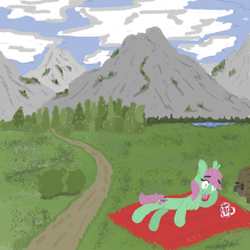 Size: 750x750 | Tagged: safe, artist:rfp, oc, oc only, earth pony, pony, lake, mountain, path, scenery, solo, water