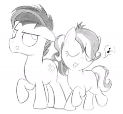 Size: 1684x1561 | Tagged: safe, artist:dtcx97, oc, oc only, earth pony, pony, duo, monochrome