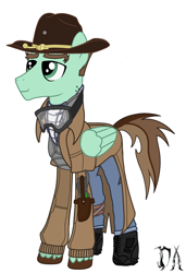 Size: 1750x2556 | Tagged: safe, artist:deadair, oc, oc only, pegasus, pony, fallout equestria, boots, clothes, coat, commission, cowboy hat, denim, glasses, gun, handgun, hat, hooves, jeans, pants, pegasus oc, pistol, plasma gun, shoes, simple background, solo, vector, watermark, white background