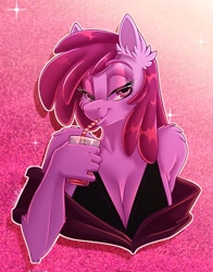 Size: 1605x2048 | Tagged: safe, artist:unfinishedheckery, berry punch, berryshine, earth pony, anthro, g4, bedroom eyes, breasts, busty berry punch, clothes, commission, digital art, dress, drinking, female, pose, simple background, solo, stupid sexy berry punch