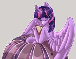 Size: 2048x1592 | Tagged: safe, artist:unfinishedheckery, twilight sparkle, alicorn, pony, g4, book, bookhorse, digital art, female, horn, jello, looking at you, mare, simple background, solo, spread wings, twilight sparkle (alicorn), wings
