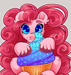 Size: 1604x1700 | Tagged: safe, artist:unfinishedheckery, pinkie pie, earth pony, pony, g4, cupcake, cute, diapinkes, digital art, female, food, hooves, looking at you, mare, simple background, solo, tail