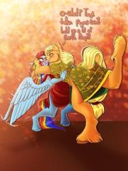 Size: 1536x2048 | Tagged: safe, artist:unfinishedheckery, applejack, rainbow dash, earth pony, pegasus, anthro, unguligrade anthro, g4, ass, blushing, butt, clothes, dialogue, digital art, dress, duo, duo female, female, lesbian, looking at each other, looking at someone, rainbow dash always dresses in style, schrödinger's pantsu, ship:appledash, shipping, simple background, size difference, smoldash, spread wings, struggling, tail, talking, text, wings