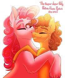 Size: 1707x2048 | Tagged: safe, artist:unfinishedheckery, cheese sandwich, pinkie pie, earth pony, pony, g4, cheek kiss, cuddling, dialogue, digital art, duo, eyes closed, female, kissing, male, mare, ship:cheesepie, shipping, simple background, stallion, straight, talking, text