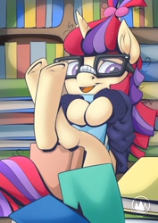 Size: 955x1351 | Tagged: safe, artist:mysticalpha, moondancer, pony, unicorn, g4, book, bookshelf, censored butt, explicit source, solo, strategically covered