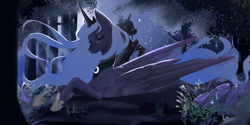 Size: 3000x1500 | Tagged: safe, artist:starlesssky665, nightmare moon, princess luna, alicorn, pony, g4, crown, digital art, eyelashes, eyes closed, female, flower, flowing mane, flowing tail, forest, grass, hoof shoes, jewelry, lying down, moonlight, necklace, night, plant, regalia, solo, sparkles, starry night, stars, statue, tail, tree, wings