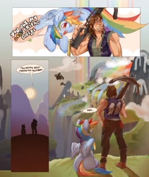 Size: 1080x1277 | Tagged: safe, artist:goathics_chaotic, rainbow dash, human, pegasus, g4, cigarette, clothes, comic, crossover, daryl dixon, detailed background, duo, open mouth, scenery, the walking dead, unamused, weapon