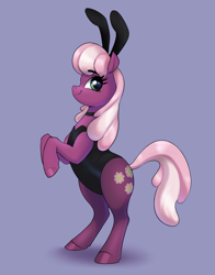 Size: 2467x3140 | Tagged: safe, artist:aquaticvibes, cheerilee, earth pony, pony, g4, bipedal, black leotard, bunny suit, cheeribetes, clothes, cute, fake ears, female, high res, leotard, mare, rearing, simple background, smiling, solo, standing on two hooves