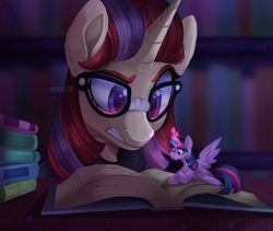 Size: 2679x2256 | Tagged: safe, artist:nveon, moondancer, twilight sparkle, alicorn, pony, unicorn, amending fences, g4, book, duo, glasses, gritted teeth, high res, magic, micro, scene interpretation, size difference, teeth, twilight sparkle (alicorn), unamused