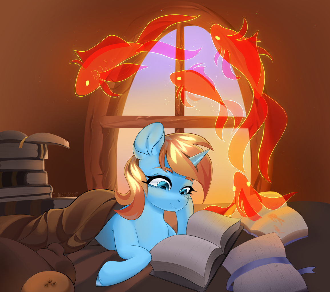 safe, artist:ijustmari, oc, oc:skydreams, fish, koi, <b>pony</b>, unicorn, blanket...