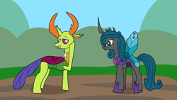 Size: 1920x1080 | Tagged: safe, artist:platinumdrop, queen chrysalis, thorax, changedling, changeling, g4, duchess chrysalis, king thorax, mirror universe, reformed, request, reversalis