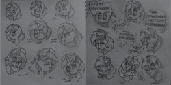Size: 1000x500 | Tagged: safe, artist:la hum, dj pon-3, vinyl scratch, oc, oc:littlepip, pony, unicorn, fallout equestria, g4, bust, clothes, cyrillic, eyes closed, mint-als, portrait, russian, scarf, singing, sketch, sketch dump, smiling, smoking, traditional art, translated in the comments