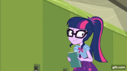 Size: 640x360 | Tagged: safe, screencap, pinkie pie, sci-twi, twilight sparkle, human, equestria girls, equestria girls series, g4, stressed in show, stressed in show: pinkie pie, animated, book, bowtie, clothes, cutie mark on clothes, duo, duo female, eyes closed, female, geode of sugar bombs, geode of telekinesis, gif, gifs.com, glasses, lockers, magical geodes, one eye closed, open mouth, open smile, pinpoint eyes, ponytail, smiling, tank top