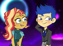 Size: 1280x940 | Tagged: safe, artist:jaeluly, flash sentry, sunset shimmer, human, equestria girls, g4, crossover, female, male, ship:flashimmer, shipping, spoilers for another series, straight, style emulation, the owl house