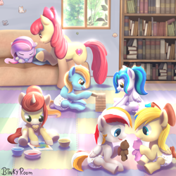 Size: 1280x1280 | Tagged: safe, artist:binkyroom, apple bloom, oc, oc:deliambre, earth pony, pegasus, pony, unicorn, book, bookshelf, colored, colt, commission, cute, diaper, female, filly, foal, horn, jenga, male, older, older apple bloom, pacifier, playing, plushie, ponified, teddy bear, window, wings, ych result