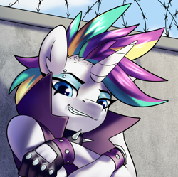 Size: 1148x1144 | Tagged: safe, artist:jedayskayvoker, rarity, anthro, g4, advertisement, alternate hairstyle, barbed wire, clothes, dyed mane, elusive, eyebrow piercing, gloves, horn, jacket, leather, leather gloves, leather jacket, looking at you, makeup, male, patreon, patreon preview, piercing, punk, raripunk, rule 63, smiling, smirk, solo, spikes, teaser