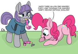 Size: 3260x2280 | Tagged: safe, artist:doodledonutart, boulder (g4), maud pie, pinkie pie, earth pony, pony, g4, atg 2022, clothes, comic, cute, dialogue, dress, excited, female, happy, high res, mare, newbie artist training grounds, noisemaker, party horn, pie sisters, rock, siblings, simple background, sisters, trio, white background