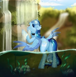 Size: 3538x3560 | Tagged: safe, artist:ijustmari, oc, oc only, alicorn, pony, alicorn oc, high res, horn, lilypad, solo, water, waterfall, waterfall shower, wings