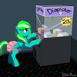Size: 1500x1500 | Tagged: safe, artist:binkyroom, oc, pegasus, pony, claw machine, commission, cute, diaper, diaper fetish, fetish, happy, non-baby in diaper, solo, ych result
