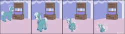 Size: 1980x539 | Tagged: safe, artist:binkyroom, horse, age regression, centaurworld, commission, cookie, cute, diaper, female, filly, foal, food, happy, horse (centaurworld), looking at you, magic, mare, solo, transformation, ych result, younger