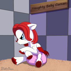 Size: 1000x1000 | Tagged: safe, artist:binkyroom, oc, pegasus, pony, angry, blue eyes, commission, crossed arms, diaper, diaper fetish, fetish, foal, looking away, male, non-baby in diaper, pouting, red mane, sitting, solo, time out, ych result
