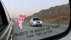 Size: 1029x579 | Tagged: safe, edit, pinkie pie, earth pony, pony, smile hd, g4, female, highway, irl, it's coming right at us, mare, meme, mirror, objects in mirror are closer than they appear, photo, ponies in real life, solo, this is gonna suck