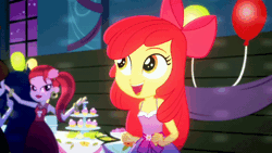 Size: 600x338 | Tagged: safe, screencap, apple bloom, applejack, rose heart, sophisticata, human, eqg summertime shorts, equestria girls, g4, raise this roof, adorabloom, animated, apple bloom's bow, balloon, blinking, bow, canterlot high, clothes, cupcake, cute, dress, fall formal, fall formal outfits, female, food, gif, hair bow, night, nodding, offscreen character, open mouth, open smile, smiling, yoink