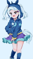 Size: 1801x3201 | Tagged: safe, artist:moh_mlp2, trixie, human, g4, anime style, blue background, clothes, cutie mark on clothes, female, humanized, looking at you, open mouth, simple background, skirt, solo