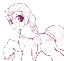 Size: 2048x1986 | Tagged: safe, artist:kurogewapony, sunny starscout, earth pony, pony, g5, bag, female, fluttershy's cutie mark, looking at you, looking back, mare, monochrome, rainbow dash's cutie mark, raised hoof, saddle bag, simple background, smiling, solo, twilight sparkle's cutie mark, unshorn fetlocks, white background