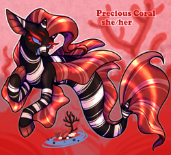 Size: 1500x1356 | Tagged: safe, artist:killjpeg, oc, oc only, oc:precious coral, hybrid, merpony, seapony (g4), blue eyes, coral, digital art, dorsal fin, eyelashes, female, fins, fish tail, flowing mane, flowing tail, frills, horns, mare, ocean, open mouth, red mane, smiling, solo, tail, underwater, water